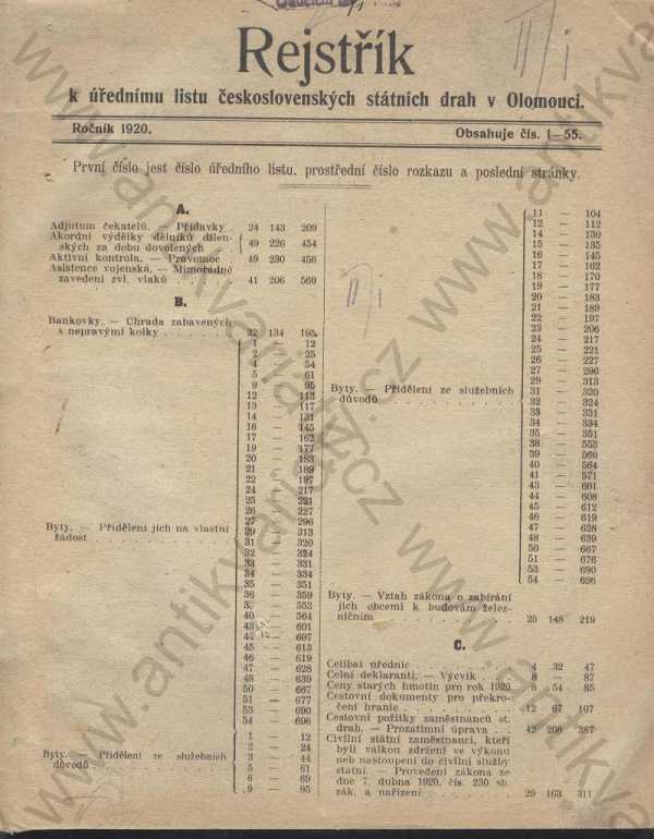  - Úřední list ředitelství státních drah v Olomouci pro rok 1920