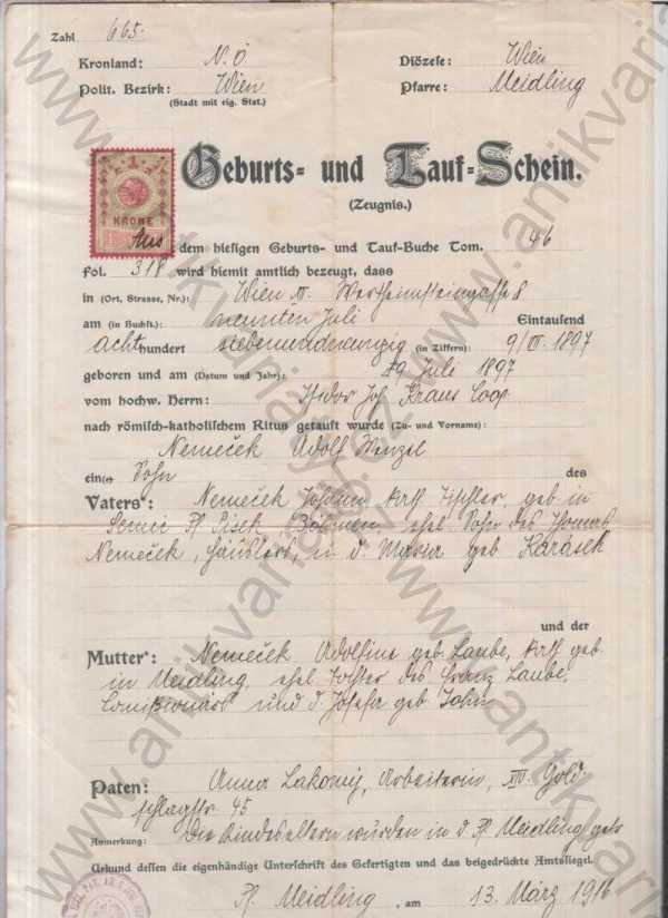  - Rodný a křestní list na jméno Adolf Němeček