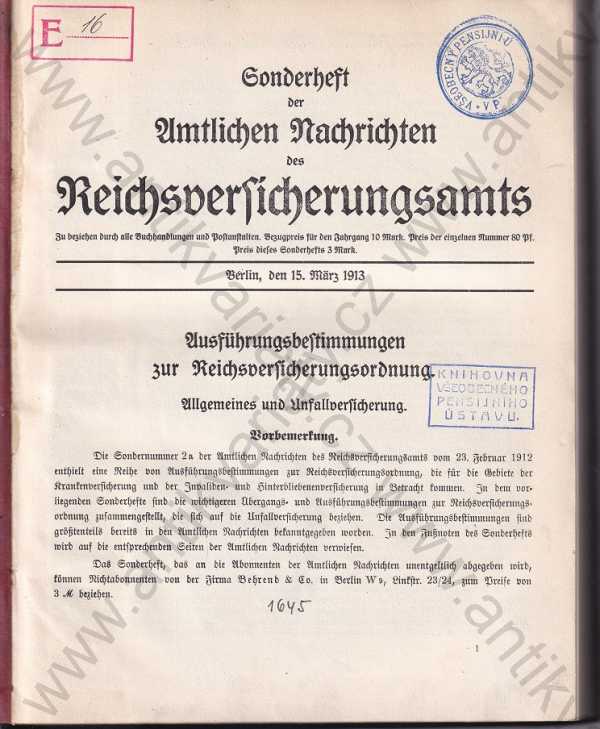  - Sonderheft der Amtlichen Nachrichten des Reichsversicherungsamts / Zvláštní vydání oficiálních zpráv
