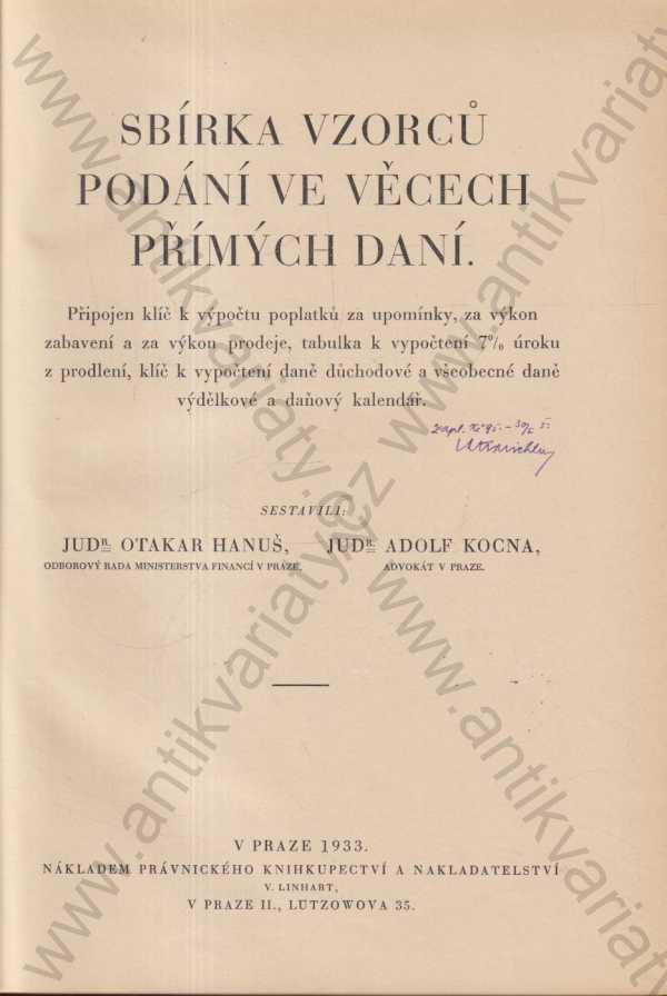 Otakar Hanuš, Adolf Kocna - Sbírka vzorců podání ve věcech přímých daní